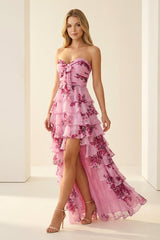 Hot Pink A Line Sweetheart Floral Chiffon Ruffled Long Prom Dresses With Slit