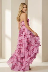 Hot Pink A Line Sweetheart Floral Chiffon Ruffled Long Prom Dresses With Slit