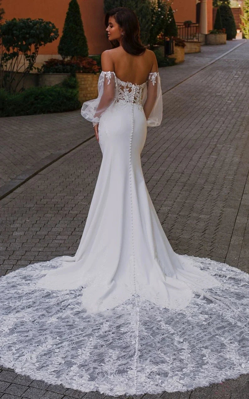 Ethereal Mermaid Plunging Neck Chiffon Tulle Wedding Dress with Appliques