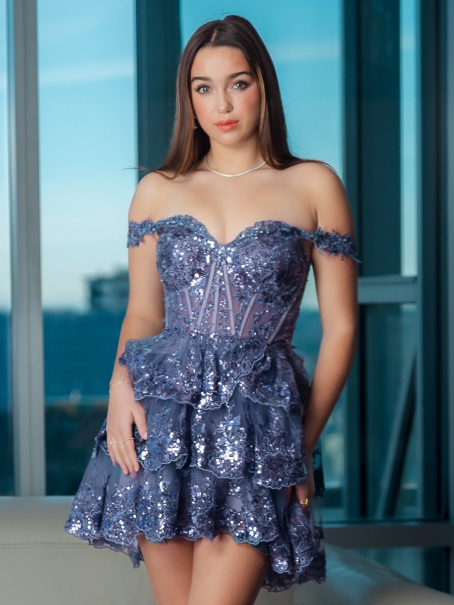 Grey Blue - A-Line Sweetheart Tiered Short Homecoming & Cocktail Dresses