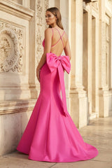 Hot Pink Spaghetti Straps Bow-Back Trumpet Long Gown