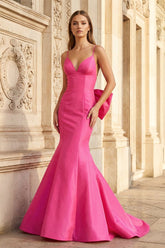Hot Pink Spaghetti Straps Bow-Back Trumpet Long Gown