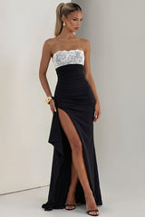 Chic Lace Trim Strapless Bodycon Slit Maxi Dress