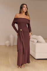 The Getaway Edit Off Shoulder Maxi Dress Chocolate