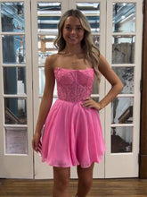 Fuchsia - Strapless Chiffon A Line Short Homecoming Dresses With Appliques