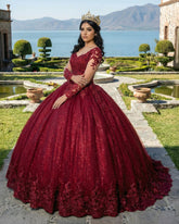 Glitter Long Sleeve Princess Burgundy Quinceanera Dresses