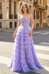 Glitter Tulle Corset Ruffle Tiered Long Prom Dress with Slit