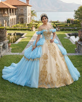 Gold Appliqued Double Colored Corset Back Quinceañera Dress