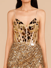 Gold Mirror-Cut Sequins Halter Sheath V Neck Mini Party Dresses
