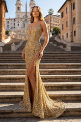 Gold Sequin Strapless Lace-Up Front Long Prom Dress with Slit