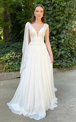 Greek Simple A Line V-neck Chiffon Court Train Wedding Dress with Ruching