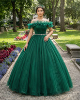 Green Off Shoulder Tulle Long Quinceanera Dresses