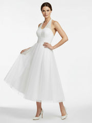 Halter A-Line Tea Length Tulle Wedding Dress With Ruching