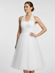 Halter A-Line Tea Length Tulle Wedding Dress With Ruching