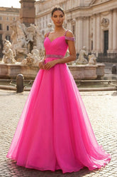 Hot Pink Beaded Cold-Shoulder A-Line Prom Dress