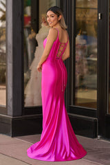 Hot Pink Mermaid Satin Simple Prom Dress
