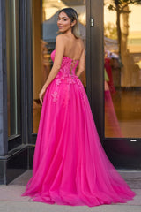 Hot Pink A-Line Tulle Lace Sweetheart Long Prom Dress