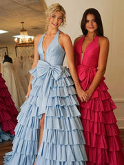 Halter A-Line Blue Satin Long Ruffled Prom Dress With Slit