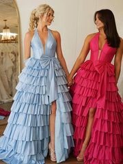 Halter A-Line Blue Satin Long Ruffled Prom Dress With Slit