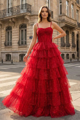 Gorgeous Sparkle Tulle Red Spaghetti Straps Ruched Prom Dress