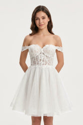 Ivory Off-the-Shoulder Appliqued Corset Graduation Dress