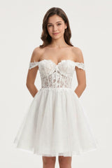 Ivory Off-the-Shoulder Appliqued Corset Graduation Dress