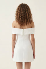 Ivory Off-the-Shoulder Satin Sheath Graduation Dress