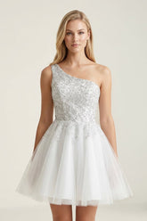 Ivory One-Shoulder Lace Appliqued Tulle Graduation Dress