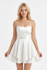 Ivory Ruffled A-Line Satin Graduation Dress