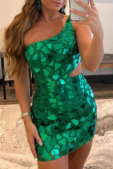 Green Cut Glass Mirror One-Shoulder Cutout Mini Party Dresses