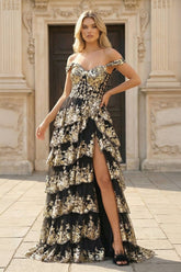 Gold Off the Shoulder Sequin Long Prom Dress with Slit