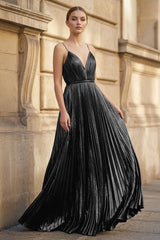 Gold A-Line Spaghetti Straps V-Neck Metallic Long Prom Dress