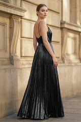 Gold A-Line Spaghetti Straps V-Neck Metallic Long Prom Dress