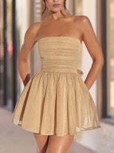Gold - A Line Strapless Glitter Tulle Ruffled Homecoming Dresses with Bow