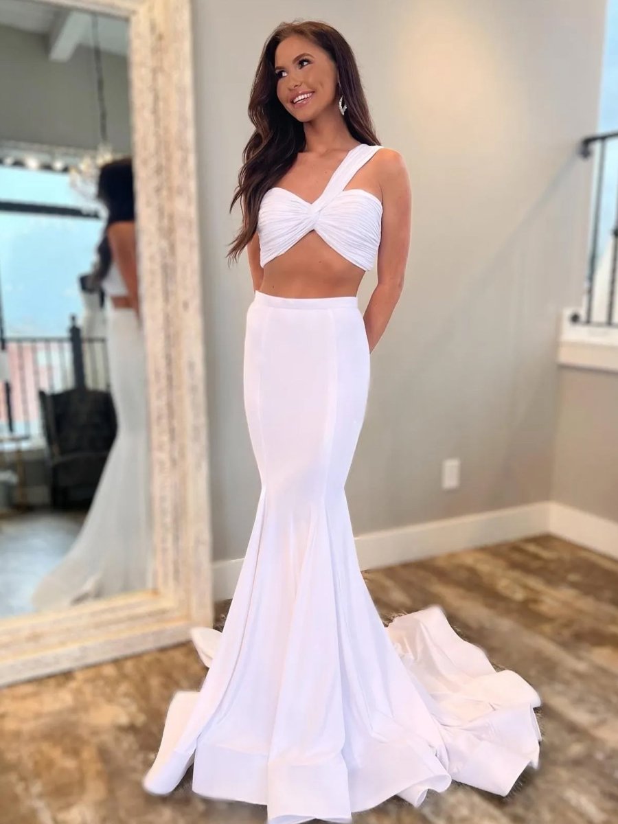 Hot Pink Two Piece One Shoulder Satin Mermaid Prom Dress