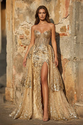 Gold Sweetheart A-Line Lace Long Prom Dress With Split