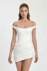 Ivory Off-the-Shoulder Corset Sheath Satin Graduation Dress
