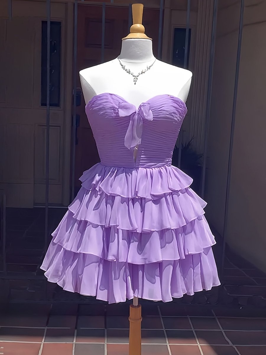 Lavender - A Line Tulle Ruffles Sweetheart Short Homecoming Dresses with Bow