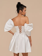 Ivory - A Line Satin Strapless Puffed Sleeves Short Homecoming Dresses