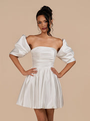 Ivory - A Line Satin Strapless Puffed Sleeves Short Homecoming Dresses