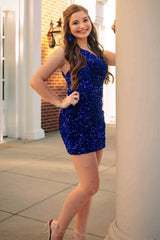 Hot Pink Sheath One Shoulder Sequins Mini Party Dresses