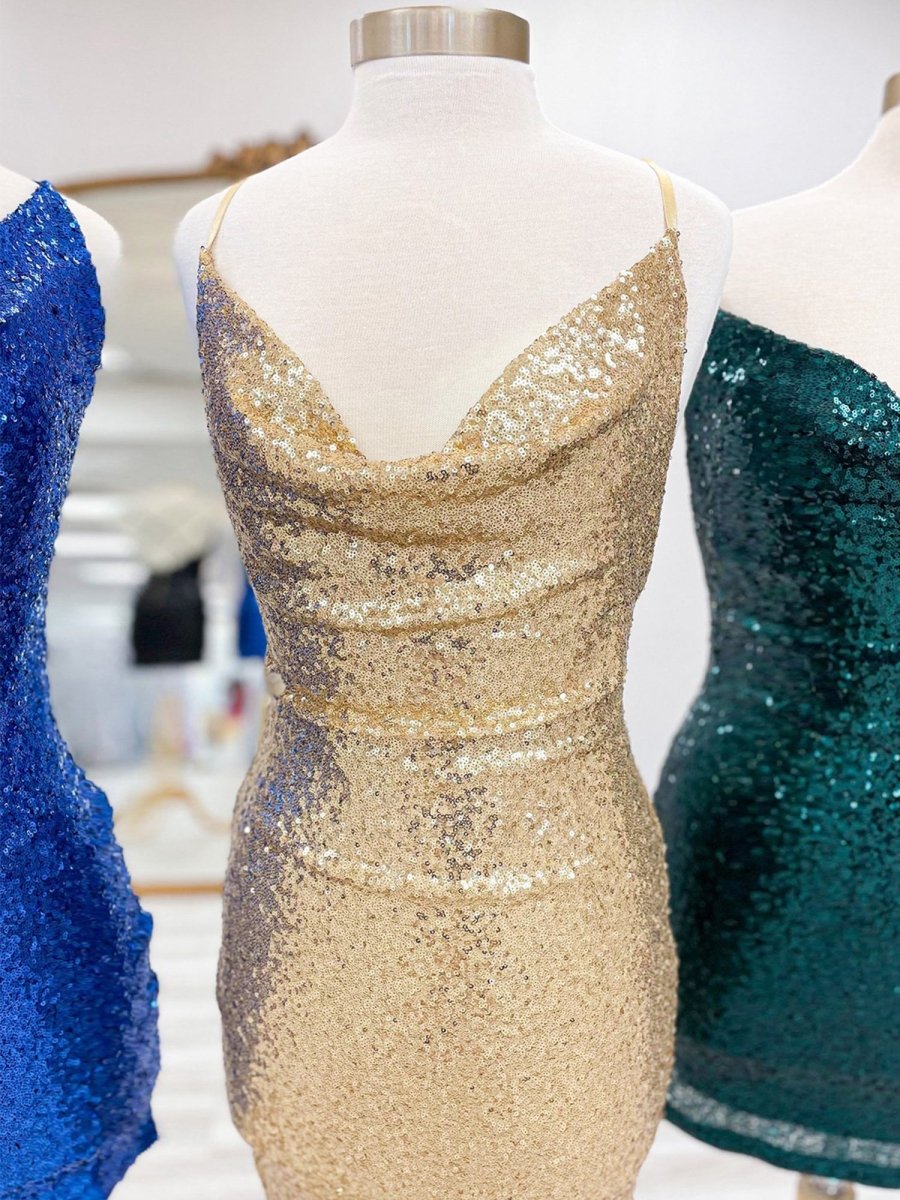 Gold - Spaghetti Straps Sequins Sheath Short Homecoming Dress
