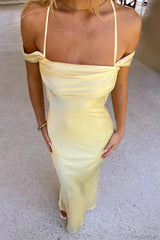 Satin Off Shoulder Backless Tie Cami Maxi Dress