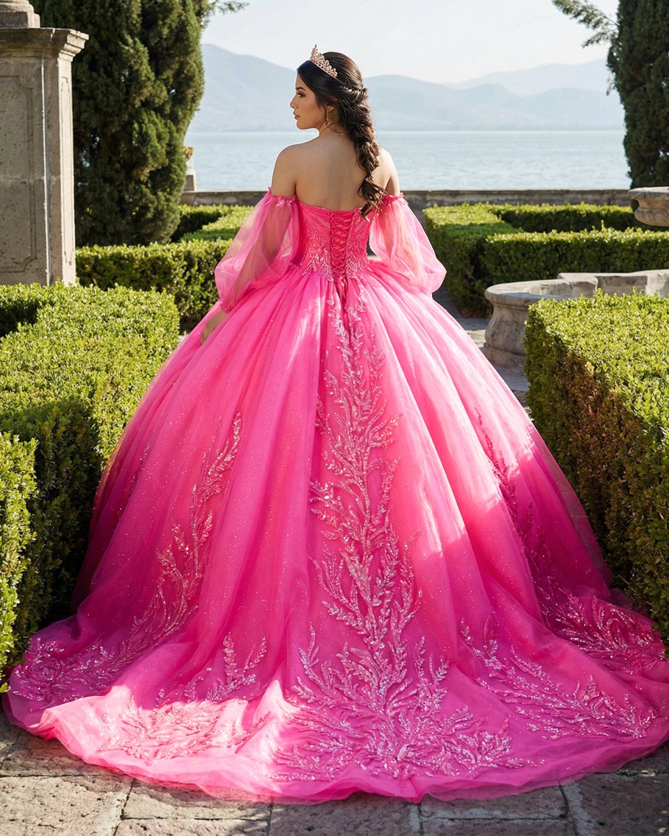 Lace Hot Pink Sequins Ball Gown Quinceañera Dress
