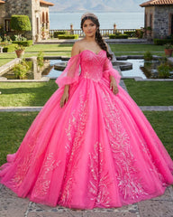 Lace Hot Pink Sequins Ball Gown Quinceañera Dress