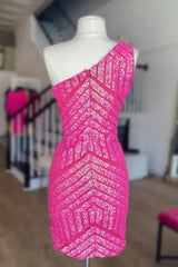 Hot Pink Sheath One Shoulder Sequins Mini Party Dresses