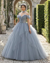 Grey Blue Ball Gown Off The Shoulder Lace-Up Back Quinceanera Dress