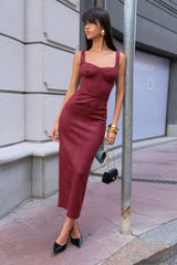 U Neck Suede Cami Sexy Maxi Dress