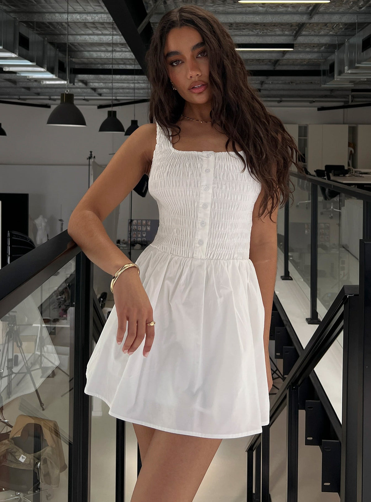 Aurelise Shirred Mini Dress White