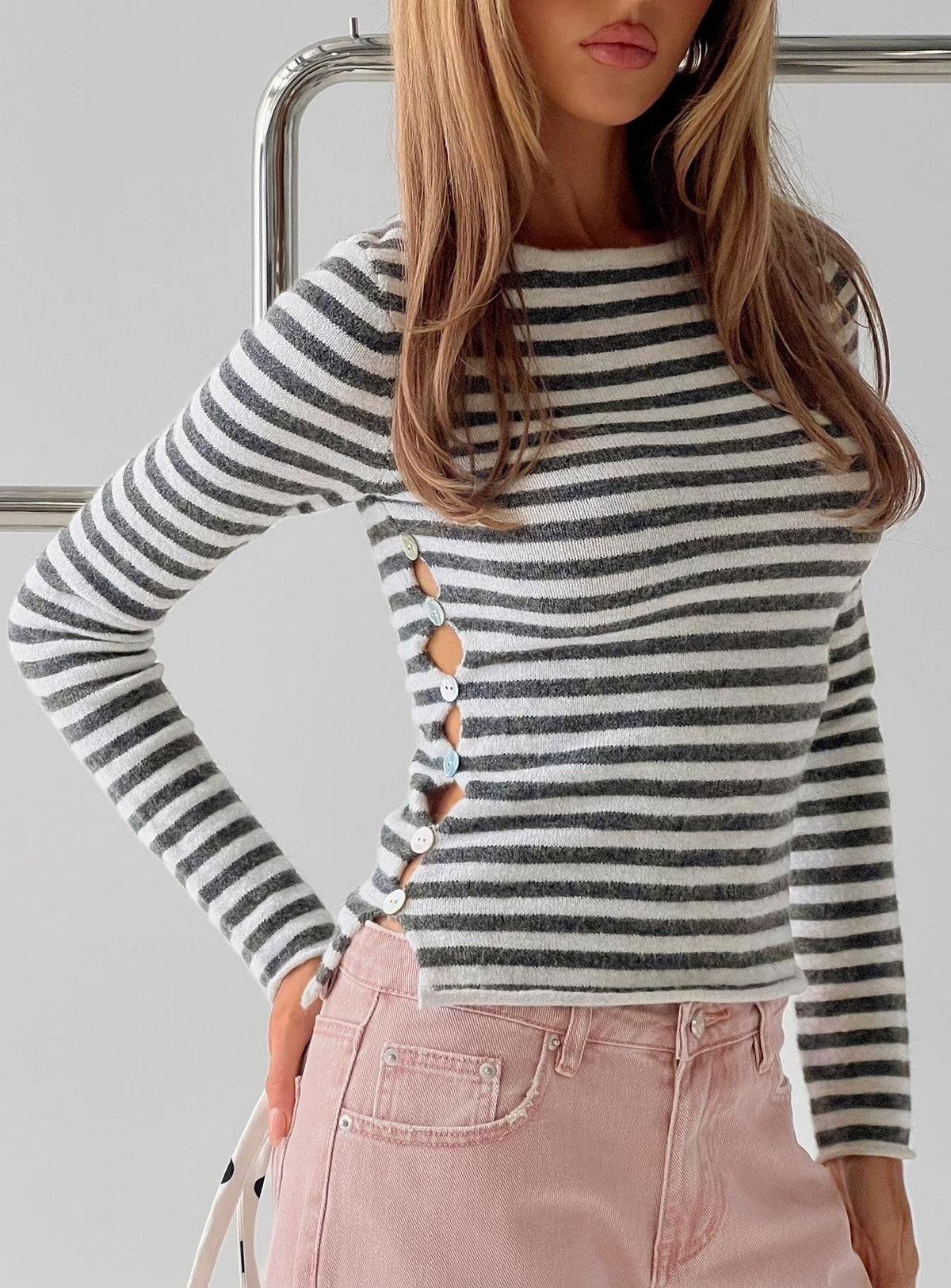 Annalyse Long Sleeve Button Detail Top Stripe